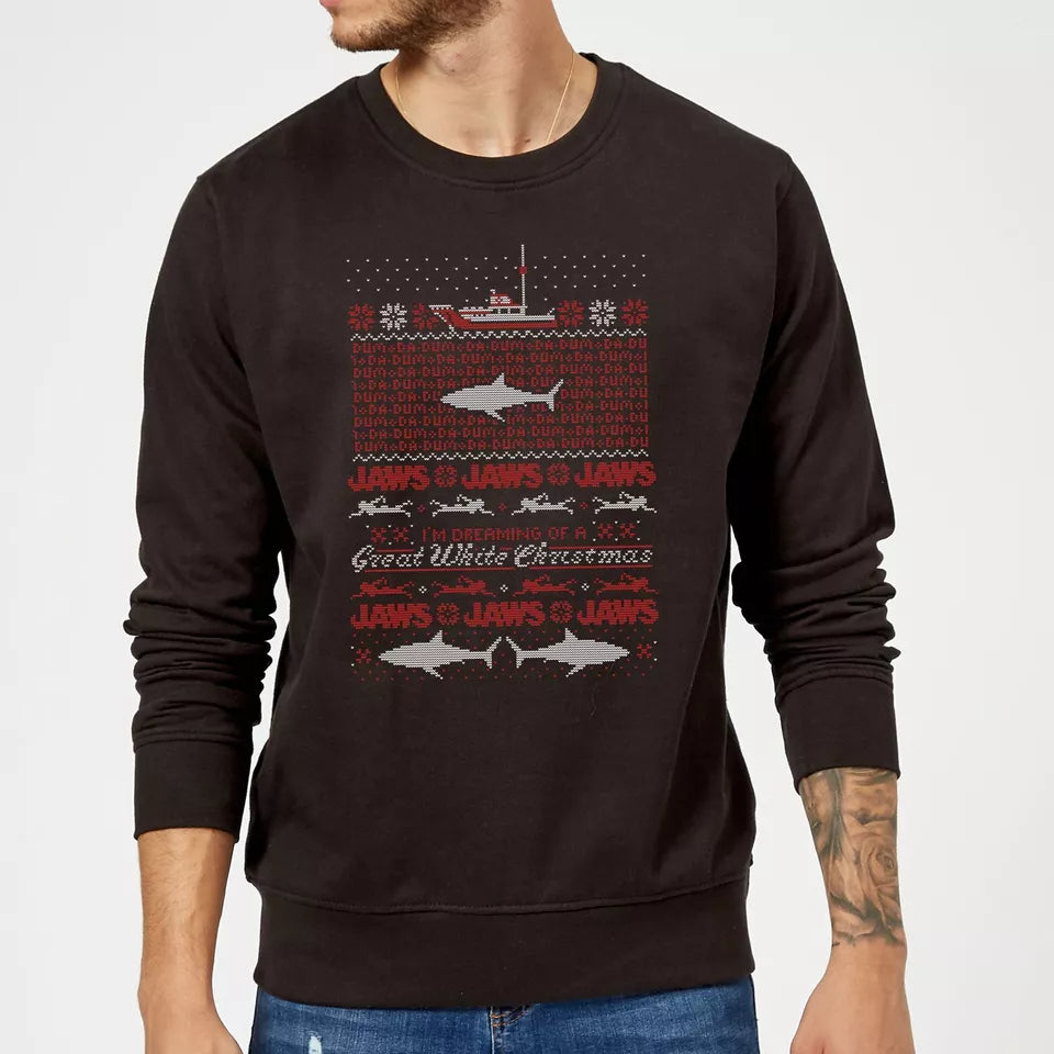 Official Jaws Christmas Great White Christmas Sweatshirt - Black