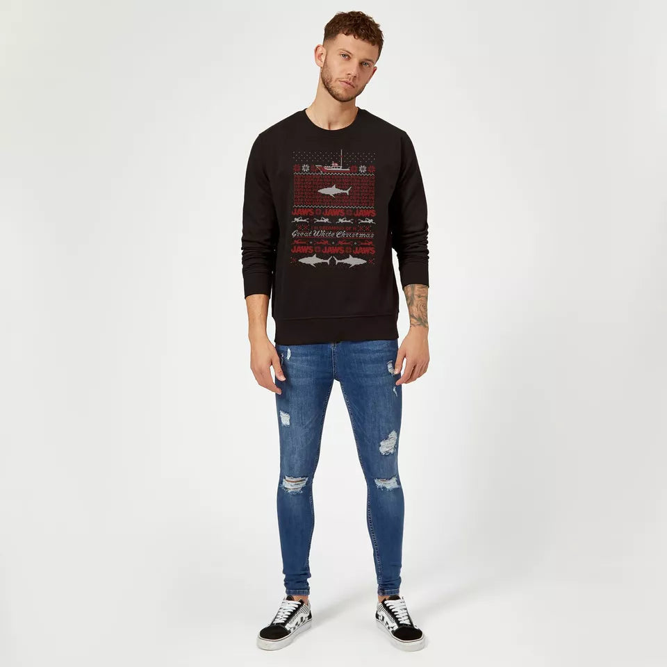 Official Jaws Christmas Great White Christmas Sweatshirt - Black